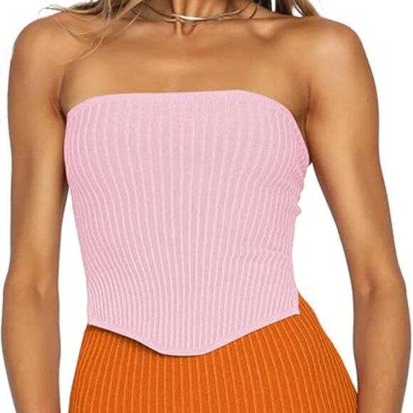 Pink Bandeau Ribbed Crop Top - Picture 1 of 6